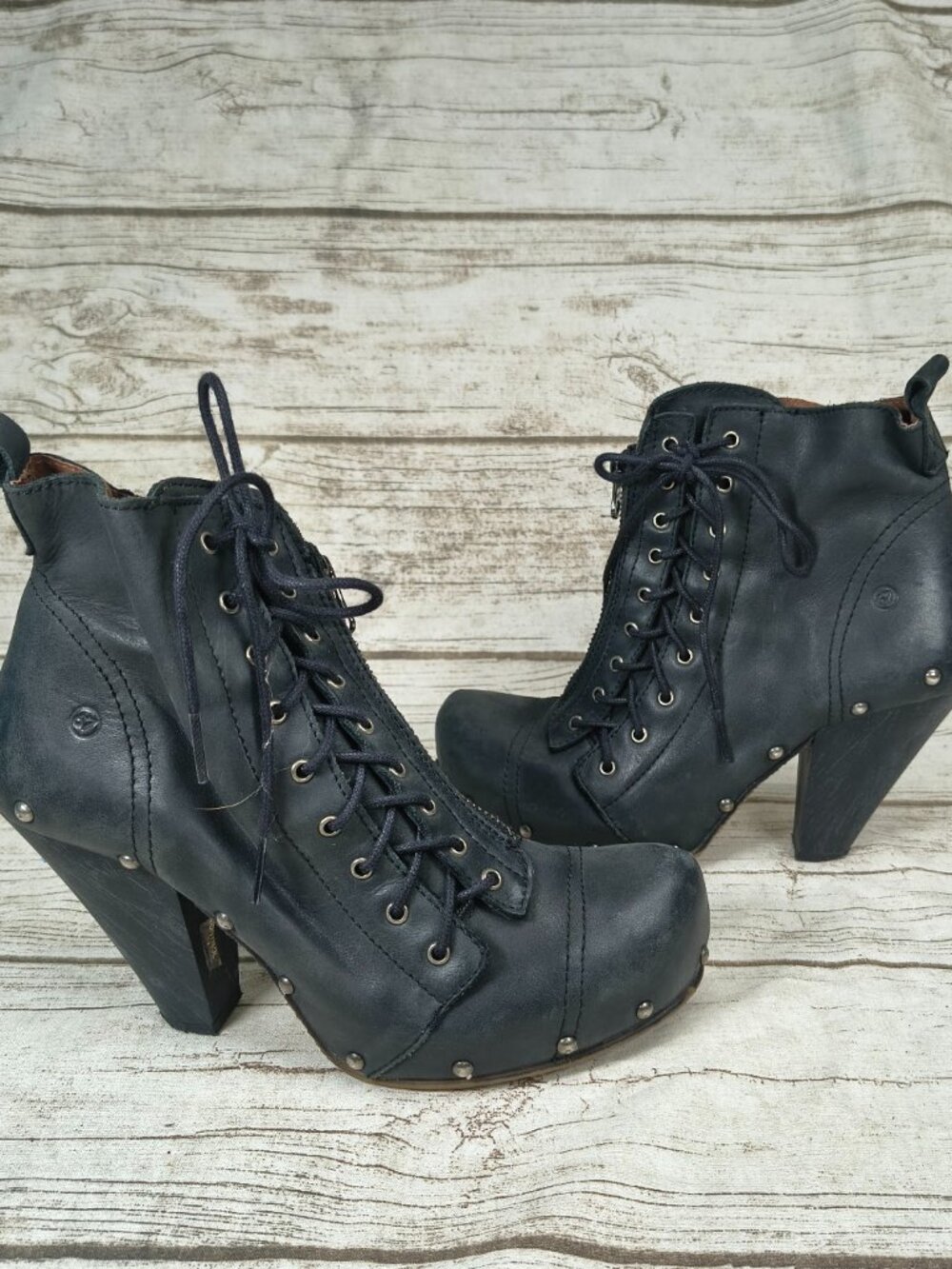 Sixtyseven 67 Black Leather Studded Lace Up Ankle Boots Heel Clog Size EU 39 US